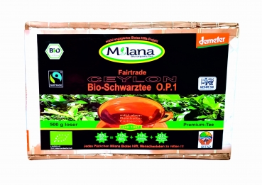 500 g MILANA Ceylon Fairtrade Demeter BIO-SCHWARZTEE LOSE OP1 Orange Pekoe 1 schwarzer Premium-Tee in HANDGEFLOCHTENEM TEEKÖRBCHEN, 55 Prozent des Verkaufspreises ist SOZIALE HILFSLEISTUNG - Der Tee, ... der nach Liebe schmeckt. Fair und nachhaltig herges